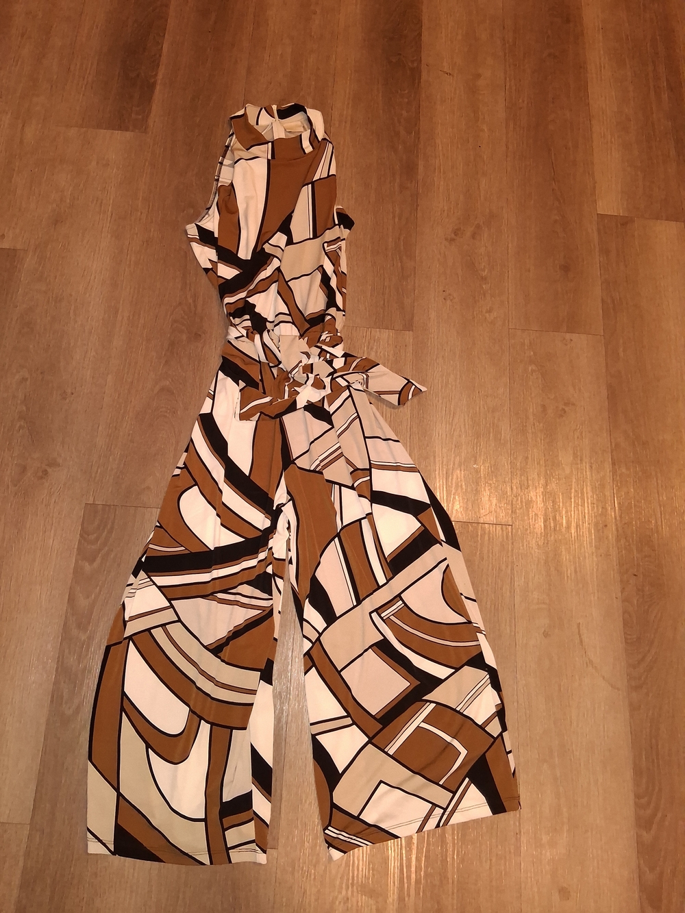 Chico's Sleeveless Geometric Tie-Waist Jumpsuit in Brown & Cream